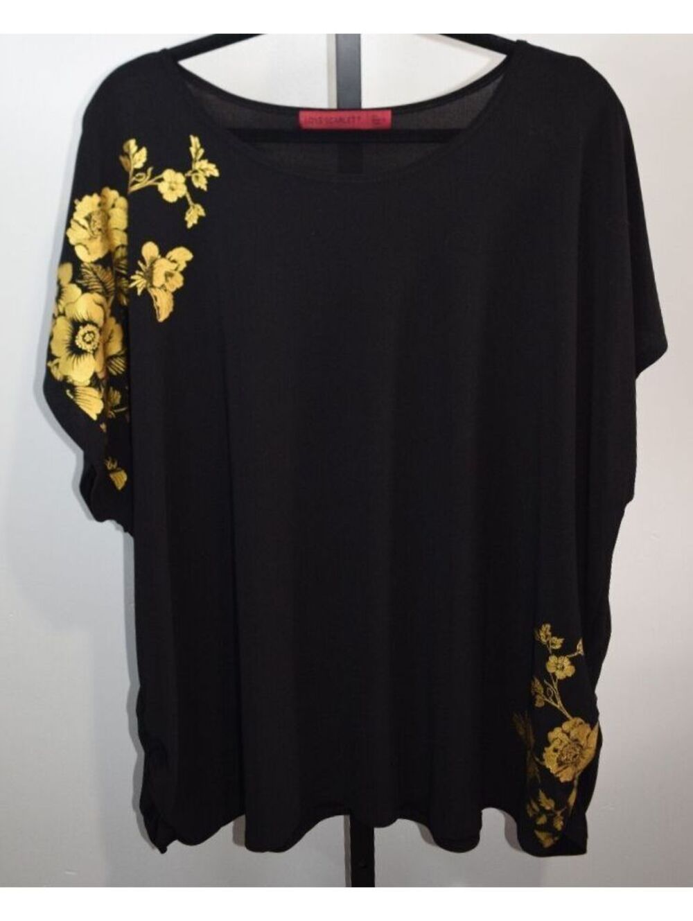 Love Scarlett Black Tunic Top with Gold Floral Print, Size 3X